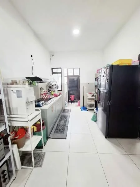Kitchen features: white painted walls, tile flooring, refrigerator in black, white cabinetry, countertop with storage, sink, microwave, open shelving, kitchen rug, window for natural light, door leading outside; style: modern.