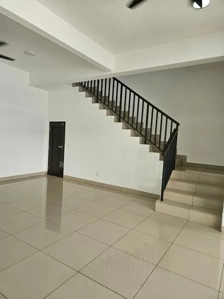 Room features: white painted walls, polished ceramic tile flooring, staircase with black metal railing, ceiling with recessed lighting, ceiling fan, open space layout, natural light from windows, neutral color scheme; style: modern.