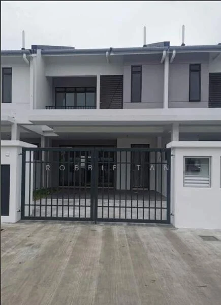 Exterior type: linked terrace house; features: grey painted facade, white painted facade, sliding glass door, floor-to-ceiling windows, gated entrance, manicured lawn, paved driveway, two-storey structure, balconies on upper floor; style: modern.