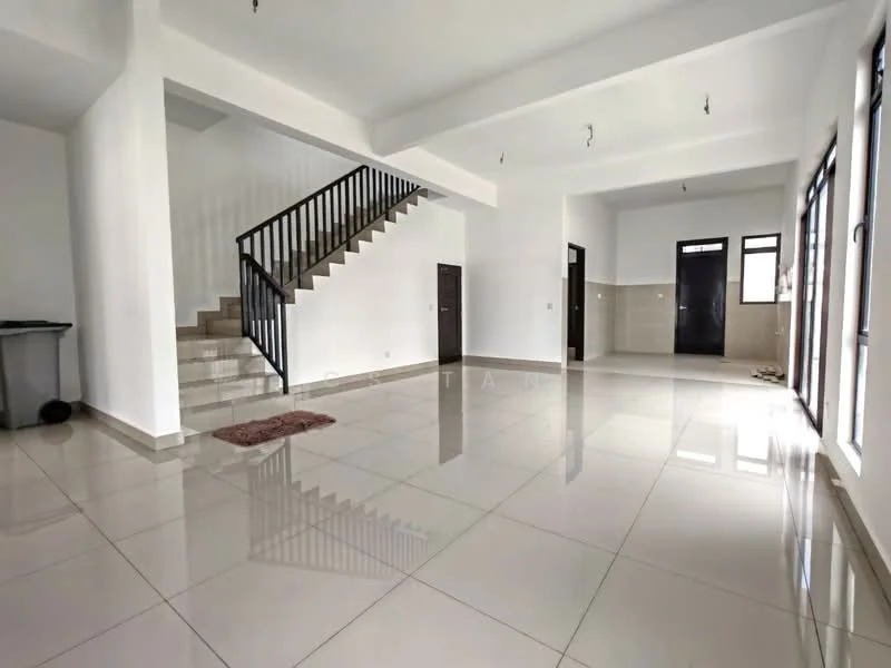 Living features: white painted walls, polished ceramic tile flooring, exposed beams on ceiling, large windows with black frames, staircase with black metal railing, neutral color scheme, open layout, natural light from windows; style: modern.