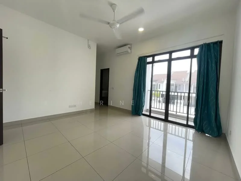 Living features: white painted walls, glossy ceramic tile flooring, 5-blade ceiling fan with light, floor-to-ceiling windows, sliding glass door, curtains in teal, air conditioning unit on wall, balcony access; style: modern.