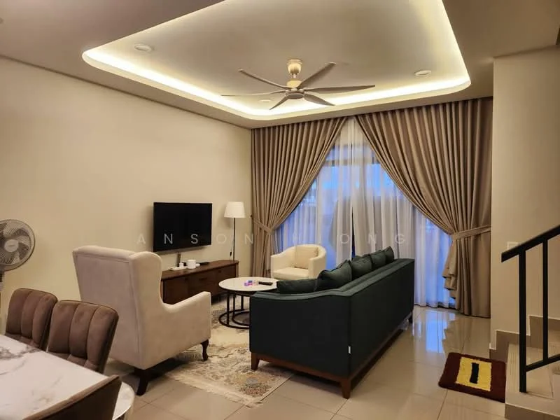 Living features: 3-seater fabric sofa in green, 2-seater fabric sofa in cream, coffee table, TV console, wall-mounted TV, area rug, ceiling fan with light, floor-to-ceiling windows with sheer curtains, drapes, marble flooring, decorative wall, side table with lamp; style: modern.