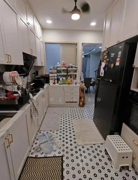 Kitchen features: white shaker cabinets, black refrigerator, stainless-steel sink, chrome pull-down faucet, black countertop, black stove, decorative rugs, open shelving, tile flooring with black and white pattern, ceiling fan, wall-mounted cabinets, kitchen utensils and appliances visible; style: modern.