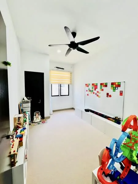 Room features: cream painted walls, carpet flooring, 5-blade ceiling fan, window with roller blinds, whiteboard, colorful wall decals, built-in storage cabinets, toys and play equipment; style: modern.