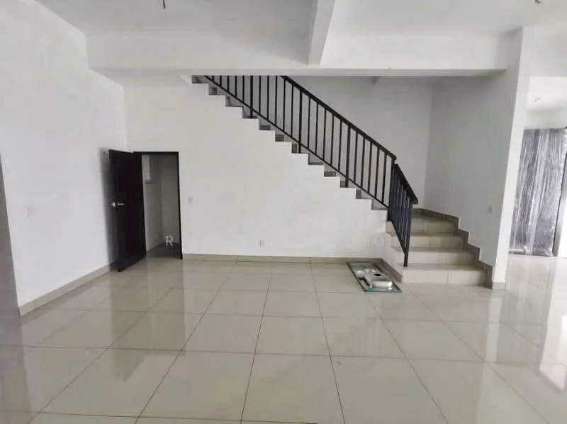 Living features: white painted walls, polished ceramic tile flooring, staircase with black metal railing, large windows with sheer curtains, open layout, high ceiling, door leading to hallway, natural light from windows; style: modern.