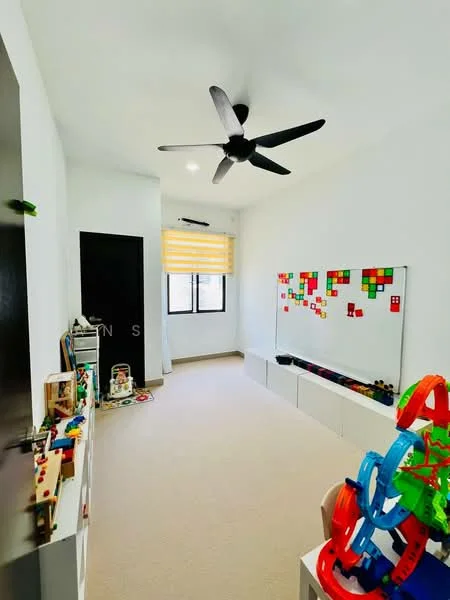 Room features: white painted walls, ceiling fan, carpet flooring, large window with blinds, built-in storage unit, play area with toys, colorful wall decor, mirror on wall; style: modern.