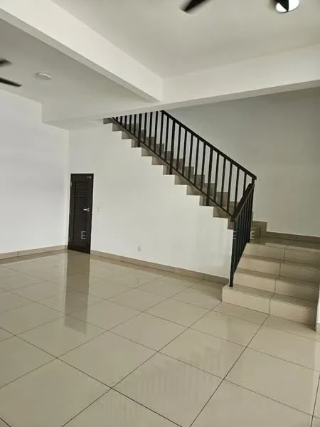 Room features: white painted walls, glossy beige tile flooring, staircase with black metal railing, ceiling with recessed lighting, ceiling fan, door leading to unknown room, open space layout; style: modern.