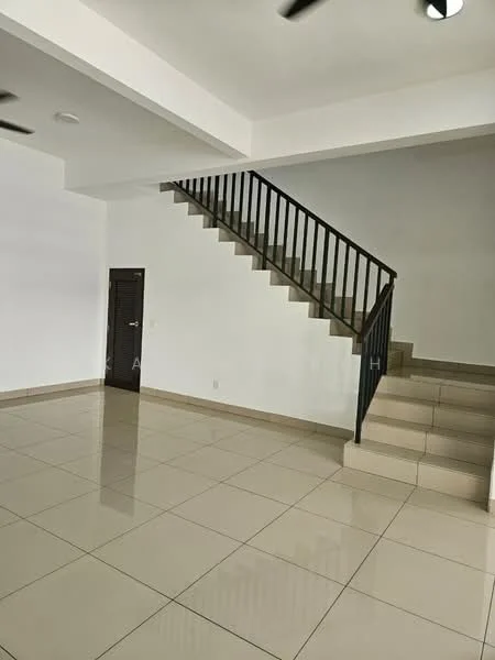 Room features: white painted walls, tile flooring, staircase with black railing, ceiling lights, open space layout, neutral color scheme, no visible furniture, large windows for natural light; style: modern.