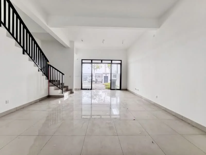 Living features: white painted walls, marble tile flooring, large floor-to-ceiling windows, sliding glass door, staircase with black railing, recessed downlights, high ceiling, open layout; style: modern; view: garden.