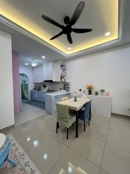 Dining features: dining table with 4 chairs, 5-blade ceiling fan with light, recessed LED downlights, white painted walls, glossy tile flooring, built-in cabinetry, decorative flower vases, area rug with geometric pattern; style: modern. Kitchen features: open kitchen layout, white cabinetry, countertop with storage, kitchen appliances visible, grey patterned rug; style: modern.