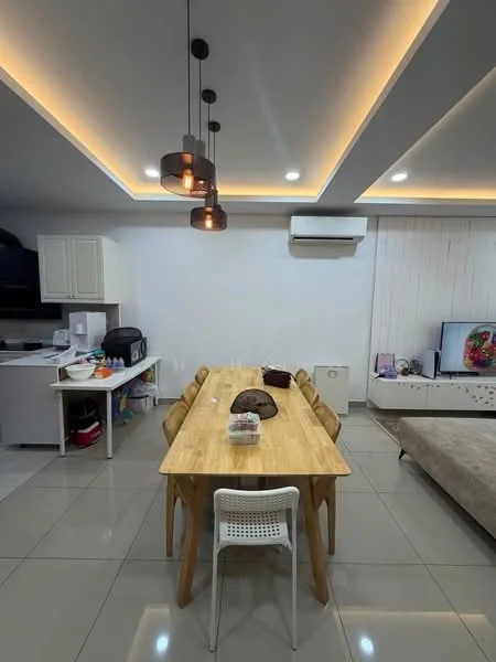 Dining features: wooden dining table, 8 dining chairs, pendant lighting with three bulbs, recessed ceiling lights, air conditioning unit on wall, grey tiled flooring, decorative wall paneling, TV console with wall-mounted TV, sofa in adjacent area; style: modern. Kitchen features: white cabinetry, black countertop, microwave, kettle, toaster, sink, stainless-steel appliances; style: modern.