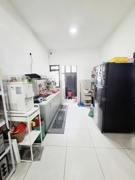 Kitchen features: white painted walls, tile flooring, black refrigerator, white countertop, kitchen cabinets, sink, microwave, open shelving, area rug, window, door leading outside, storage bins; style: modern.