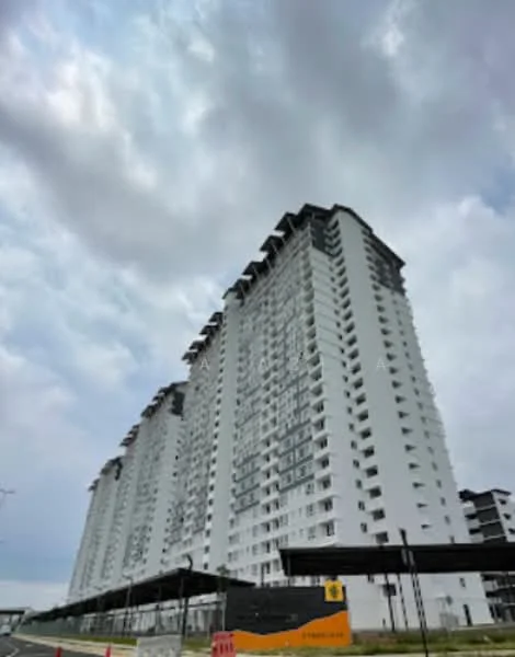 Exterior type: high-rise condominium; features: white painted facade, glass curtain wall, recessed balconies, approximately 20-storey high-rise, covered parking, landscaped surroundings; style: modern.