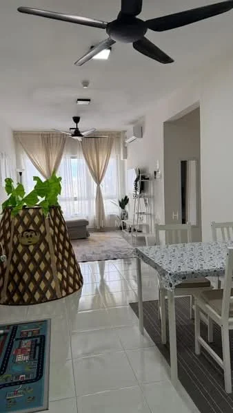 Living features: white painted walls, glossy tile flooring, 5-blade ceiling fan with light, 2-seater grey sofa, floor-to-ceiling windows, sheer curtains, decorative indoor plant, area rug with geometric pattern, dining table with 4 chairs, wall-mounted air conditioning unit; style: modern; view: city.