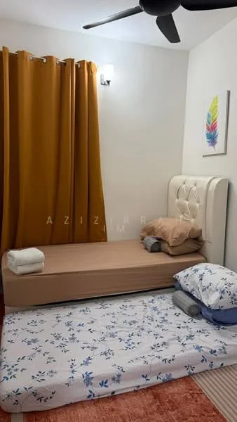 Bedroom features: queen-size bed, upholstered headboard, bedding in beige and white, floor rug in orange, yellow curtains, ceiling fan, wall-mounted light fixture, decorative wall art with leaf design; style: modern.