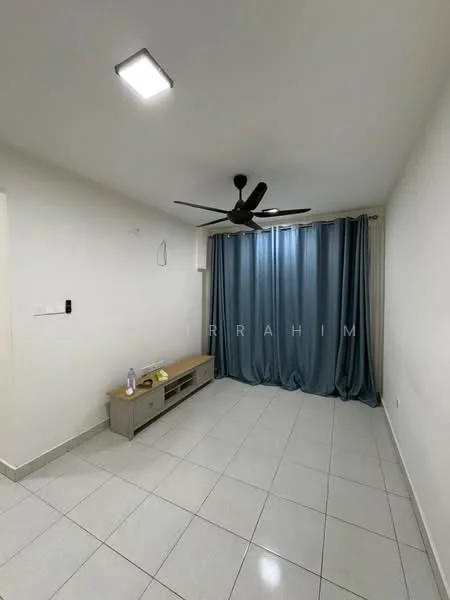 Living features: white painted walls, glossy ceramic tile flooring, 5-blade ceiling fan with light, floor-to-ceiling windows with blue curtains, TV console, water bottle on the floor, LED ceiling light; style: modern.