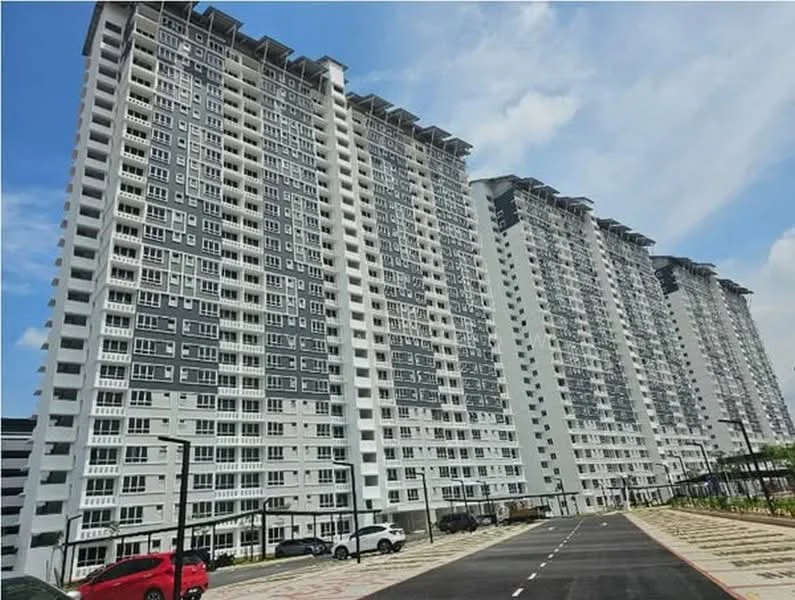 Exterior type: high-rise condominium; features: grey and white painted facade, multiple floors with balconies, large windows, concrete structure, asphalt road in front, landscaped area, surrounding greenery; style: modern.