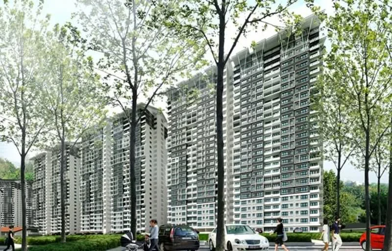 Exterior type: high-rise condominium; features: glass curtain wall, white painted facade, recessed balconies, surrounded by mature greenery, multiple storeys, landscaped area with trees, parking spaces visible; style: modern.