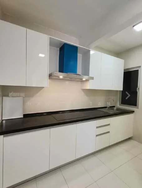 Kitchen features: white glossy cabinetry, black countertop, stainless-steel sink, chrome pull-down faucet, built-in oven, stainless-steel range hood, tile backsplash, recessed LED downlights, floor-to-ceiling window, ceramic tile flooring; style: modern.