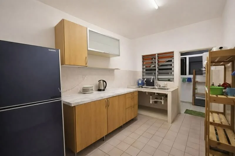 Kitchen features: blue fridge, wood cabinetry, white countertop, stainless-steel kettle, sink with faucet, wall-mounted cabinets, tile backsplash, open shelving unit, ceramic tile flooring, window with louvered shutters, door leading to outdoor area; style: modern.