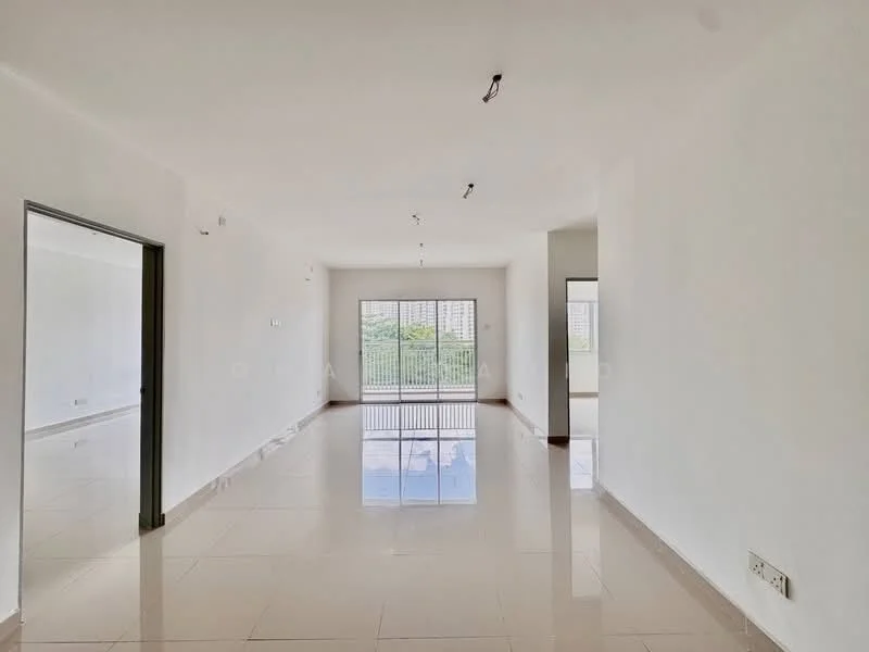 Room features: white painted walls, glossy ceramic tile flooring, recessed downlights, floor-to-ceiling windows, sliding glass door, view of greenery, open layout, neutral color scheme; style: modern; view: garden.