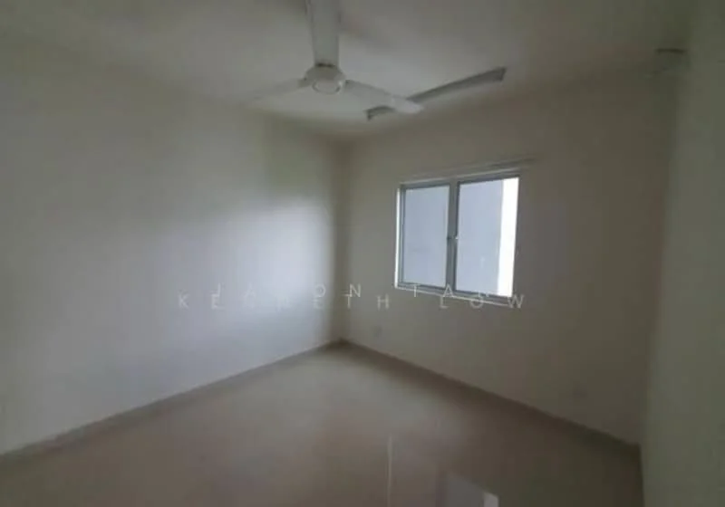 Room features: white painted walls, polished tile flooring, ceiling fan, window with white frame.