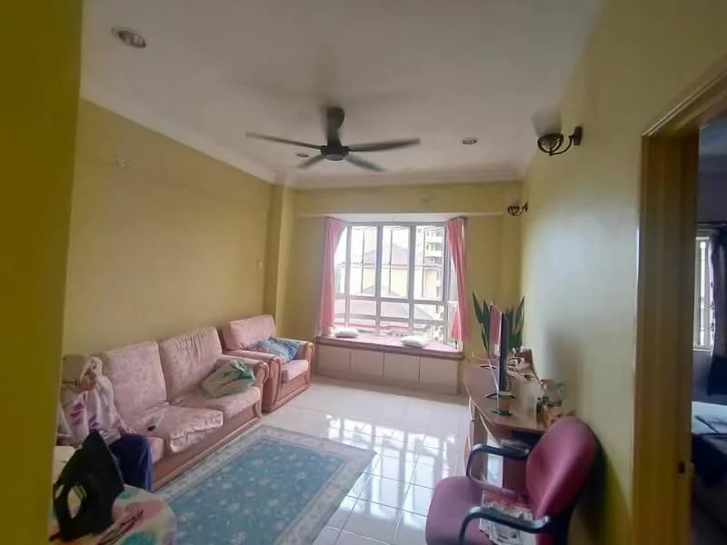 Living features: 3-seater fabric sofa in pink, 2-seater fabric sofa in pink, ceiling fan, floor-to-ceiling windows, curtains in pink, light yellow painted walls, white tiled flooring, coffee table, decorative area rug, wall-mounted lighting fixtures, built-in shelf, plant in ceramic pot; style: contemporary; view: city.