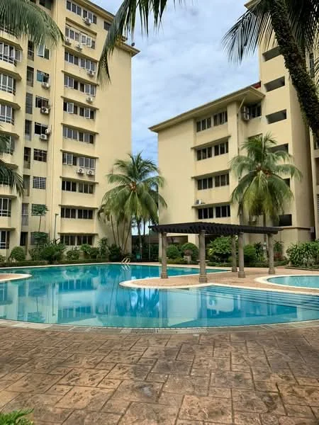 Exterior type: mid-rise condominium; features: swimming pool, pool deck with loungers, palm trees, manicured landscaping, surrounding residential buildings, outdoor pergola, textured concrete flooring around pool; style: modern.