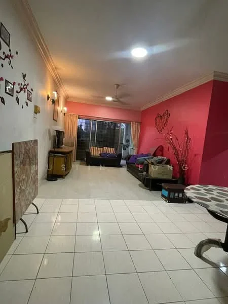 Living features: white painted walls, pink accent wall, ceramic tile flooring, 5-blade ceiling fan with light, sofa in dark color, coffee table, TV console, floor-to-ceiling windows, curtains, decorative wall art, boxes and items in the room; style: contemporary.