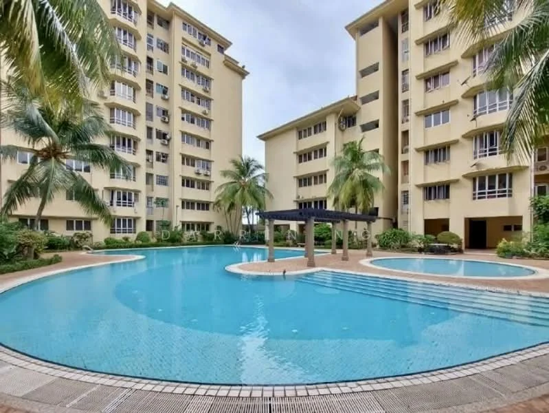 Exterior type: mid-rise condominium; features: swimming pool with circular shape, surrounding palm trees, landscaped garden area, pool deck with loungers, multiple mid-rise buildings, water feature in the center, paved walkway around the pool, balconies visible on buildings; style: modern.