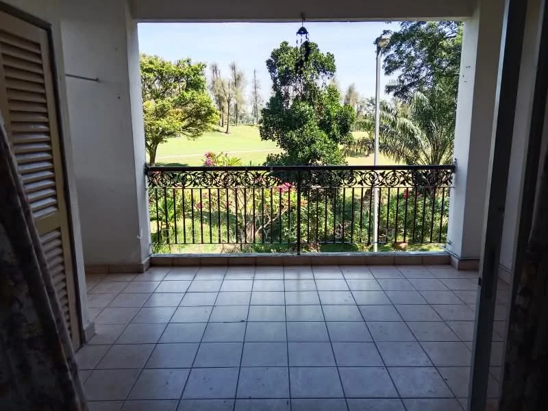 Room features: tiled flooring, balcony with railing, view of garden, greenery outside, hanging light fixture, sliding door, curtains, potted plants; view: garden.