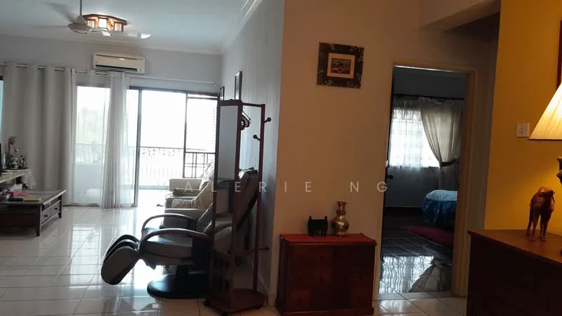 Living features: white painted walls, glossy tile flooring, 5-blade ceiling fan with light, floor-to-ceiling windows, sliding glass door, curtains, coffee table, armchair, TV console, decorative wall art; style: modern; view: city. Room features: white painted walls, glossy tile flooring, curtains, doorway leading to another room.