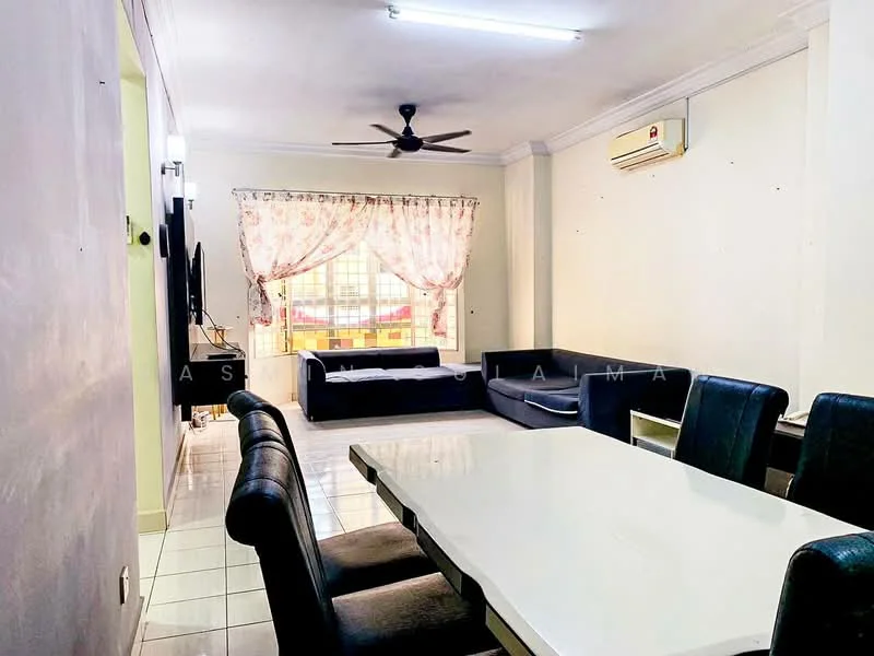 Living features: 3-seater fabric sofa in grey, 2-seater fabric sofa in grey, white walls, ceiling fan, wall-mounted TV, dining table with white surface, 6 black upholstered dining chairs, window with sheer curtains, air conditioning unit, tile flooring; style: modern.