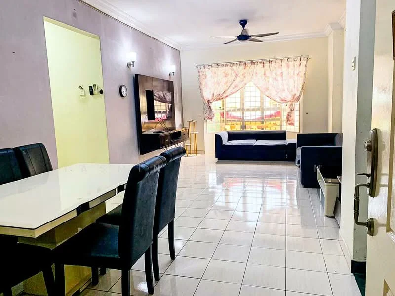 Living features: white painted walls, glossy tile flooring, 5-blade ceiling fan with light, sofa in dark blue fabric, coffee table, TV console, wall-mounted TV, curtains with floral pattern, large window with natural light, decorative wall clock; style: modern. Dining features: 6-seater dining table with white top, black upholstered dining chairs, wall-mounted light fixtures, open layout to living area; style: modern.