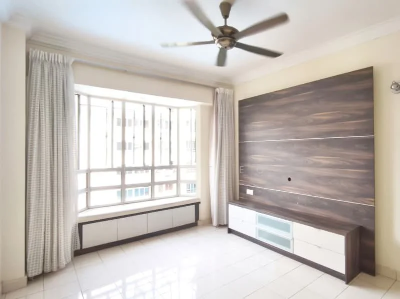 Living features: floor-to-ceiling windows, white curtains, wooden feature wall, built-in TV console with storage, light-colored tiled flooring, ceiling fan, neutral wall color, natural light from windows; style: modern.