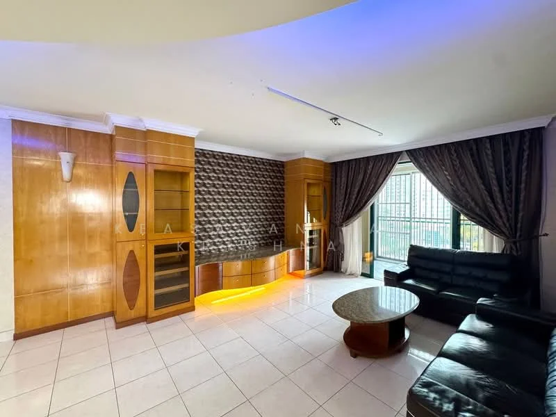 Living features: cream tiled flooring, wood paneling on walls, feature wall with geometric pattern, black leather sofa, round wooden coffee table, floor-to-ceiling windows, sheer curtains, recessed lighting, built-in shelving unit with glass doors, accent lighting on shelving unit; style: modern; view: city.