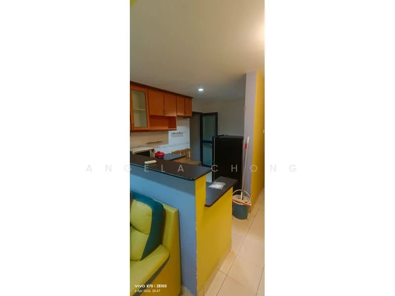 Kitchen features: orange cabinetry, white countertop, stainless-steel fridge, built-in oven, ceramic tile flooring, recessed downlights, open shelving, kitchen sink, wall-mounted cabinets, neutral wall color; style: modern. Living features: sofa in yellow, decorative cushions, open layout, neutral wall color; style: modern.