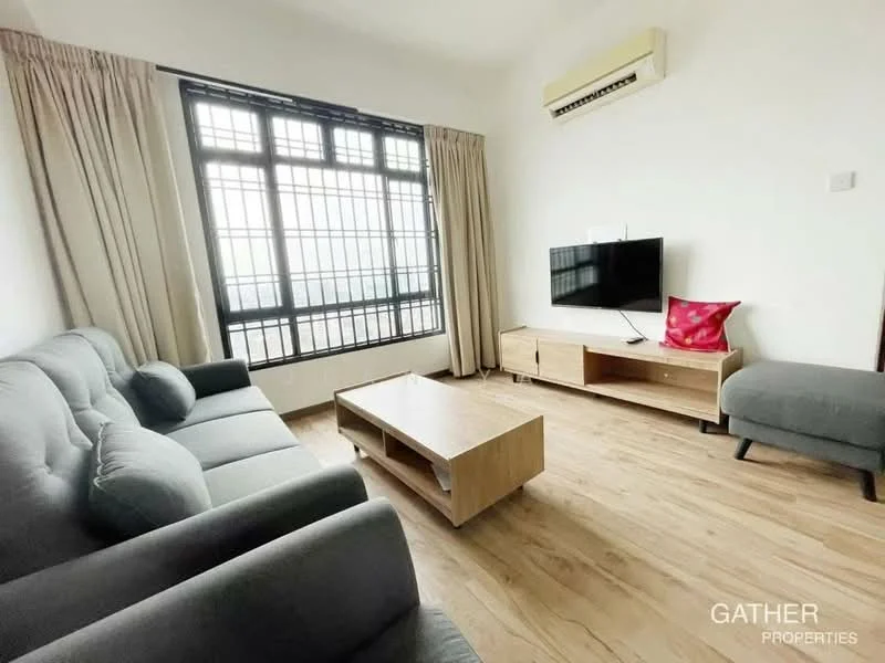 Living features: 3-seater fabric sofa in grey, wooden coffee table, TV console, wall-mounted TV, floor-to-ceiling windows, curtains, air conditioning unit, laminate flooring, decorative cushion; style: modern; view: city.