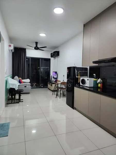 Living features: white painted walls, glossy tile flooring, 5-blade ceiling fan with light, sofa in white fabric, TV console, wall-mounted TV, dining table with chairs, black refrigerator, built-in kitchen cabinets, stainless-steel sink, microwave, decorative plants, curtains in dark grey, sliding glass door, LED ceiling lights; style: modern.