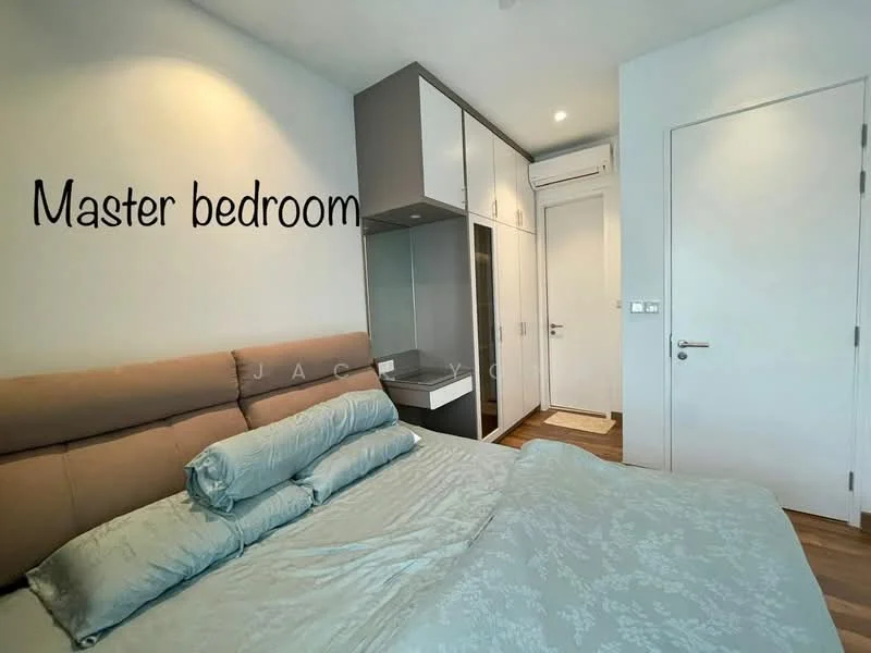Bedroom features: king-size bed with upholstered headboard, bedding in light blue color, built-in wardrobe with sliding doors, wooden flooring, wall-mounted air conditioning unit, white painted walls, door leading to hallway, nightstand with drawer; style: modern.