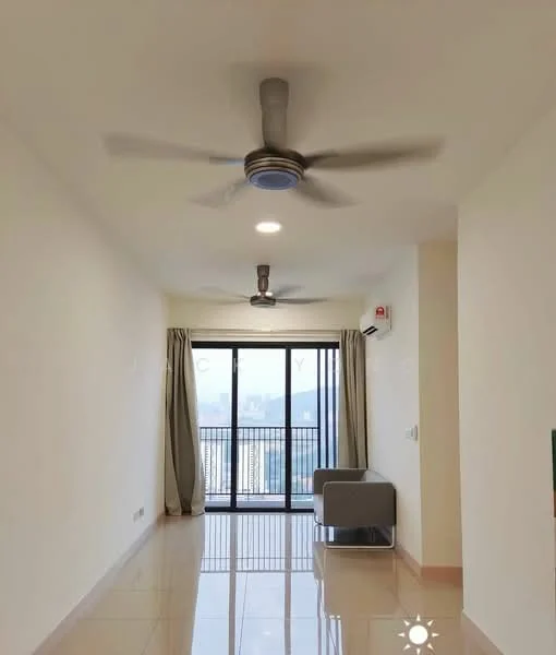 Living features: white painted walls, glossy tile flooring, 2 ceiling fans, floor-to-ceiling windows, sliding glass door, curtains, air conditioning unit, sofa; style: modern; view: city.