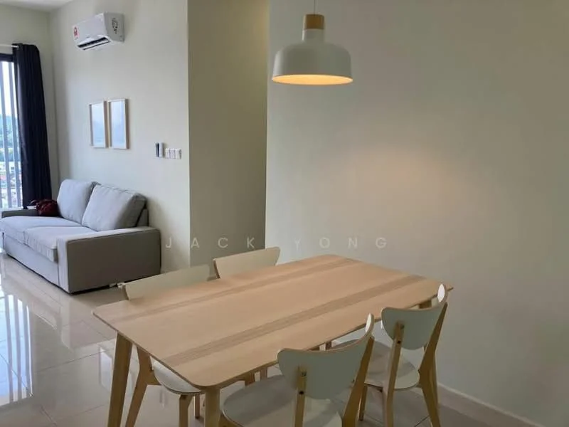 Dining features: light wood dining table, 4 white chairs with wooden legs, pendant lamp, cream painted walls, glossy tile flooring, wall-mounted split AC, sofa in grey fabric, large window with sheer curtains; style: modern; view: city.