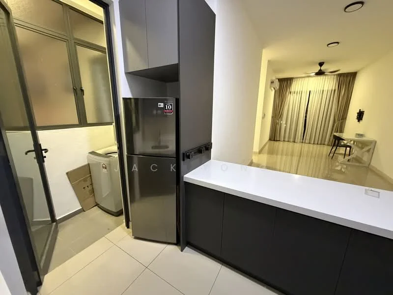 Kitchen features: grey cabinetry, white countertop, stainless-steel fridge, built-in washing machine, tile flooring, recessed downlights, window with black frame, open layout to living area; style: modern. Laundry features: built-in washing machine, tile flooring, window with black frame.