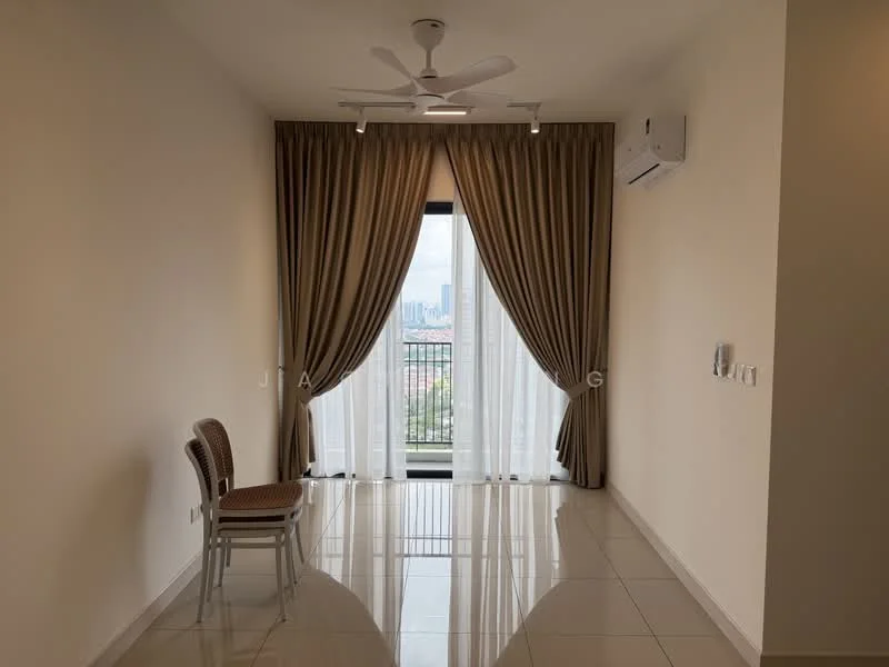 Living features: white painted walls, glossy tile flooring, 5-blade ceiling fan with light, floor-to-ceiling windows, sheer curtains, heavy drapes, air conditioning unit, single chair; style: modern; view: city.