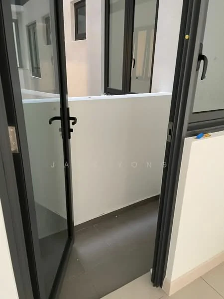 Room features: glass sliding doors, white walls, grey tiled flooring, open space, natural light from windows, minimalist design; style: modern.