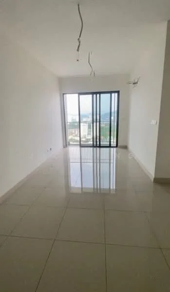 Living features: white painted walls, polished ceramic tile flooring, floor-to-ceiling windows, sliding glass door, mountain view, recessed downlights, ceiling fan, open layout; style: modern; view: mountain.