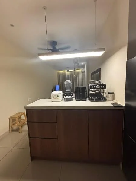 Kitchen features: brown wooden cabinetry, white countertop, stainless-steel appliances, built-in coffee machine, freestanding blender, freestanding rice cooker, 3-blade ceiling fan, recessed LED downlights, grey tile flooring, wooden stool; style: modern.