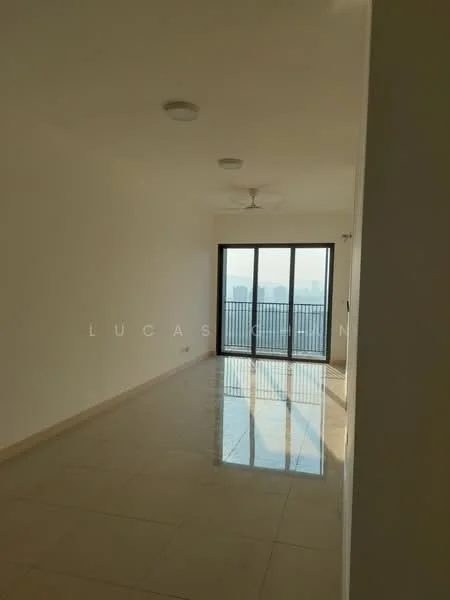 Living features: white painted walls, glossy tile flooring, 5-blade ceiling fan, recessed downlights, floor-to-ceiling windows, sliding glass door, city view, open layout; style: modern; view: city.