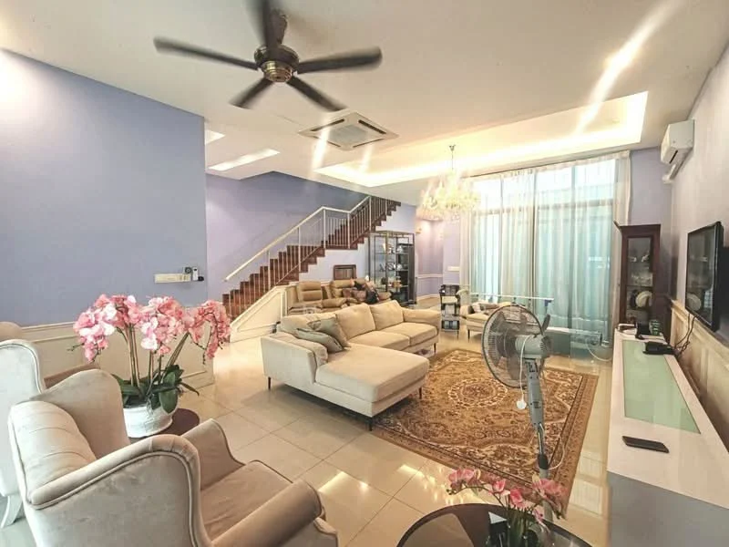 Living features: light purple painted walls, white ceiling with recessed lighting, 5-blade ceiling fan, chandelier, large floor-to-ceiling windows with sheer curtains, cream-colored sectional sofa, beige armchairs, coffee table, area rug with intricate pattern, TV console, wall-mounted TV, decorative plants, wooden staircase, open layout; style: modern.