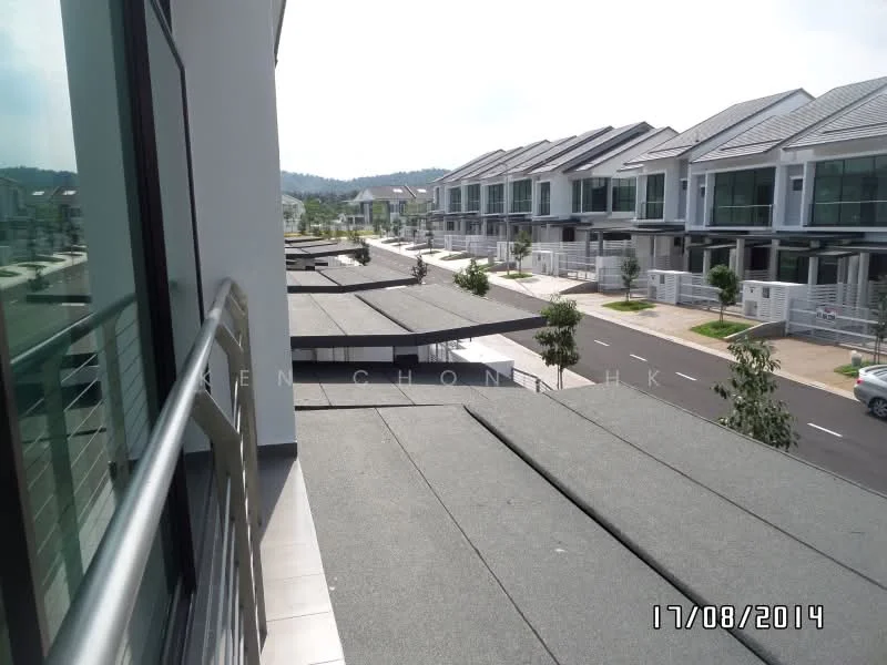 Exterior type: linked terrace house; features: flat roof, grey roofing material, manicured lawn, paved walkway, modern facade with large windows, two-storey buildings, surrounded by greenery, residential street view, driveway with interlocking pavers; style: modern.